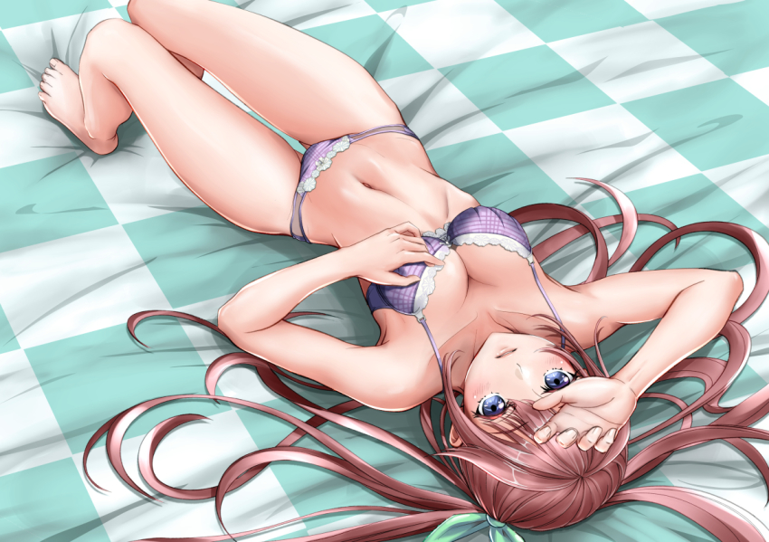1girl, aqua_bow, arm_up, bare_arms, bare_legs, barefoot, blue_eyes, bow