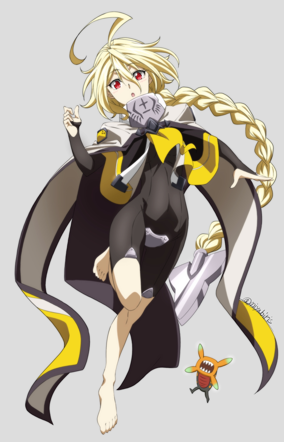 1girl, :o, ahoge, barefoot, black_jumpsuit, blazblue, blazblue:_continuum_shift, blonde_hair