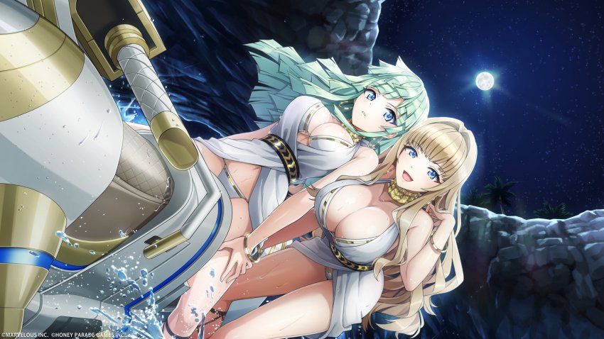 2girls, blonde_hair, blue_eyes, bracelet, breasts, cleavage, dolphin_wave, dress