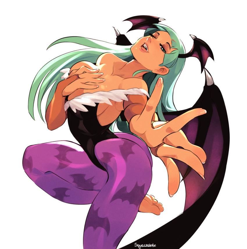 1girl, animal_print, artist_name, bare_shoulders, barefoot, bat_print, bat_wings, breasts, bridal_gauntlets, cleavage, darkstalkers, demon_girl, demon_wings, feet, fingernails, green_eyes, green_hair, hand_on_own_chest, head_wings, highres, leotard, lips, long_hair, looking_at_viewer, medium_breasts, morrigan_aensland, off_shoulder, one_eye_closed, open_mouth, orange_bridal_gauntlets, pantyhose, print_pantyhose, purple_pantyhose, simple_background, soles, solo, squeezable_(squeezabledraws), standing, standing_on_one_leg, teeth, toes, white_background, wings, wink
