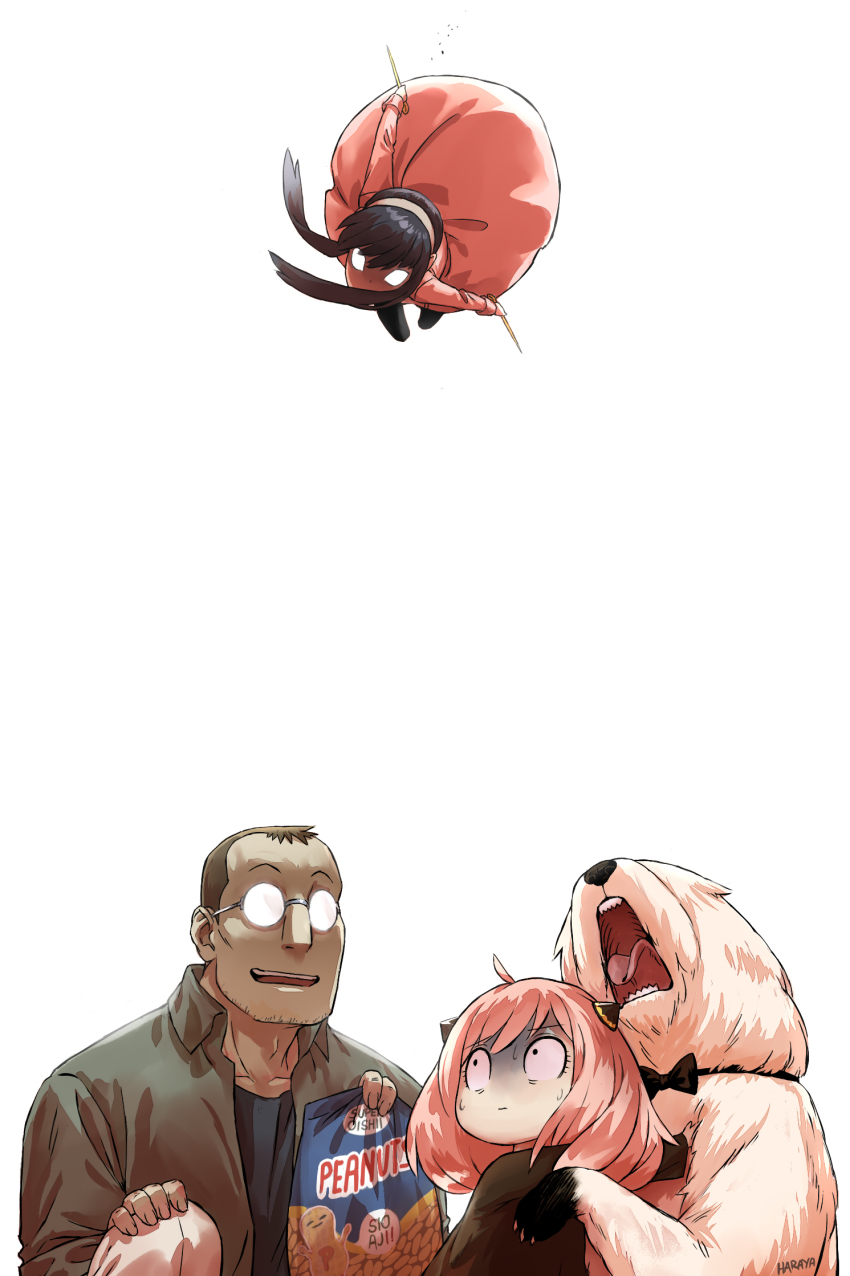 1boy, 2girls, angry, anya_(spy_x_family), bond_(spy_x_family), child, cone_hair_bun, crossover, dagger, digging_your_own_grave, disgust, dog, earrings, fullmetal_alchemist, glasses, glowing, glowing_eyes, gold_earrings, great_pyrenees, hair_bun, hairpods, haraya_manawari, highres, imminent_death, jewelry, jumping, knife, mother_and_child, mother_and_daughter, multiple_girls, opaque_glasses, parent_and_child, peanut, pink_hair, red_sweater, scared, shaded_face, short_hair_with_long_locks, shou_tucker, spy_x_family, sweater, trait_connection, weapon, white_dog, yor_briar