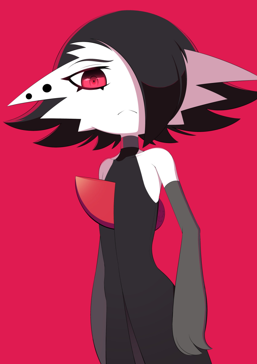 1girl, alternate_color, alternate_shiny_pokemon, artist_name, bare_shoulders, black_dress, black_hair, closed_mouth, collarbone, colored_skin, cowboy_shot, dress, earrings, elbow_gloves, female_focus, flat_chest, gardevoir, gen_3_pokemon, gloves, grey_gloves, hair_over_one_eye, highres, jewelry, looking_at_viewer, multiple_earrings, nintendo, one_eye_covered, pokemon, pokemon_(creature), red_background, red_eyes, short_hair, signature, simple_background, sleeveless, sleeveless_dress, solo, split_mouth, standing, vika_(winkyfaces), white_skin, winkyfaces