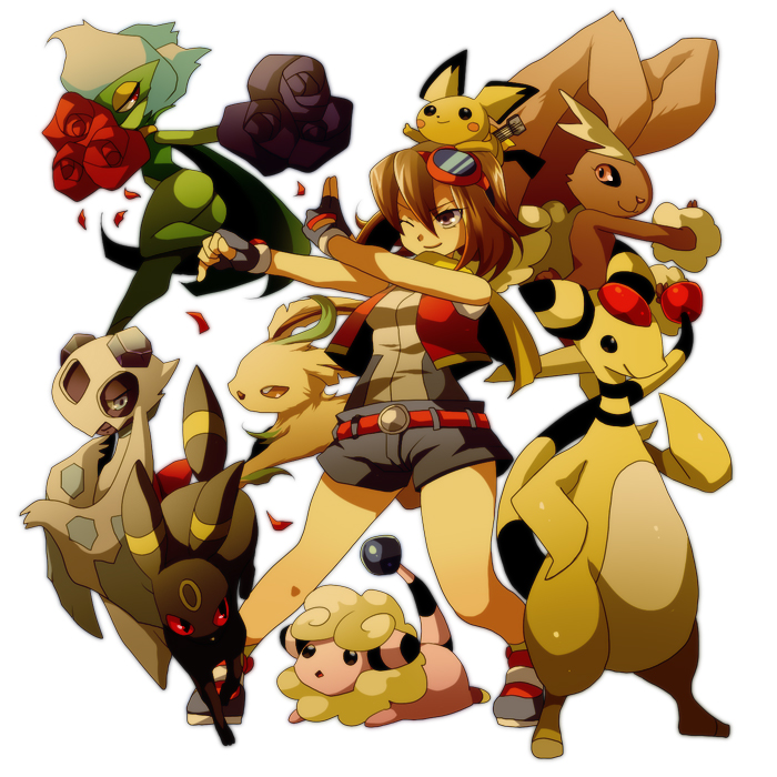 00s, 1girl, ampharos, animal_ears, animal_nose, brown_hair, fingerless_gloves, flaaffy, froslass, gen_2_pokemon, gen_4_pokemon, gloves, goggles, hcsb, instrument, leafeon, lopunny, nintendo, on_head, one_eye_closed, pichu, pokemon, pokemon_(creature), pokemon_on_head, pokemon_ranger_(series), pokemon_ranger:_guardian_signs, pokemon_ranger_traces_of_light, rabbit_ears, roserade, shorts, simple_background, summer_(pokemon), ukulele, ukulele_pichu, umbreon, vest, wink