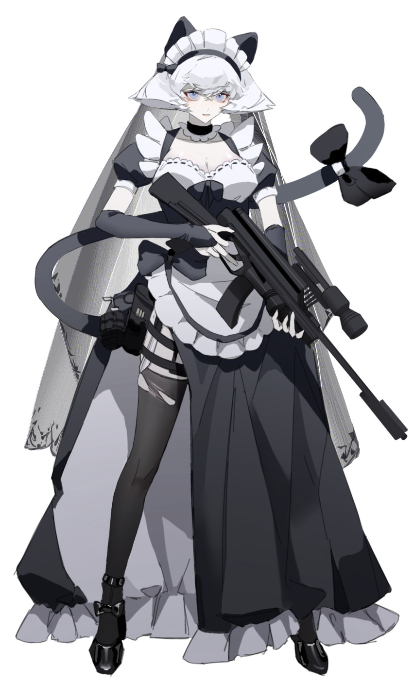 1girl, absurdres, animal_ears, black_gloves, blue_eyes, bob_cut, cat_ears, cat_tail, choker, daleth_(sky:_children_of_the_light), echo226855, full_body, gloves, grey_hair, gun, highres, holding, holding_gun, holding_weapon, inverted_bob, maid, puffy_short_sleeves, puffy_sleeves, short_hair, short_sleeves, sky:_children_of_the_light, solo, standing, tail, veil, weapon, white_background, white_hair