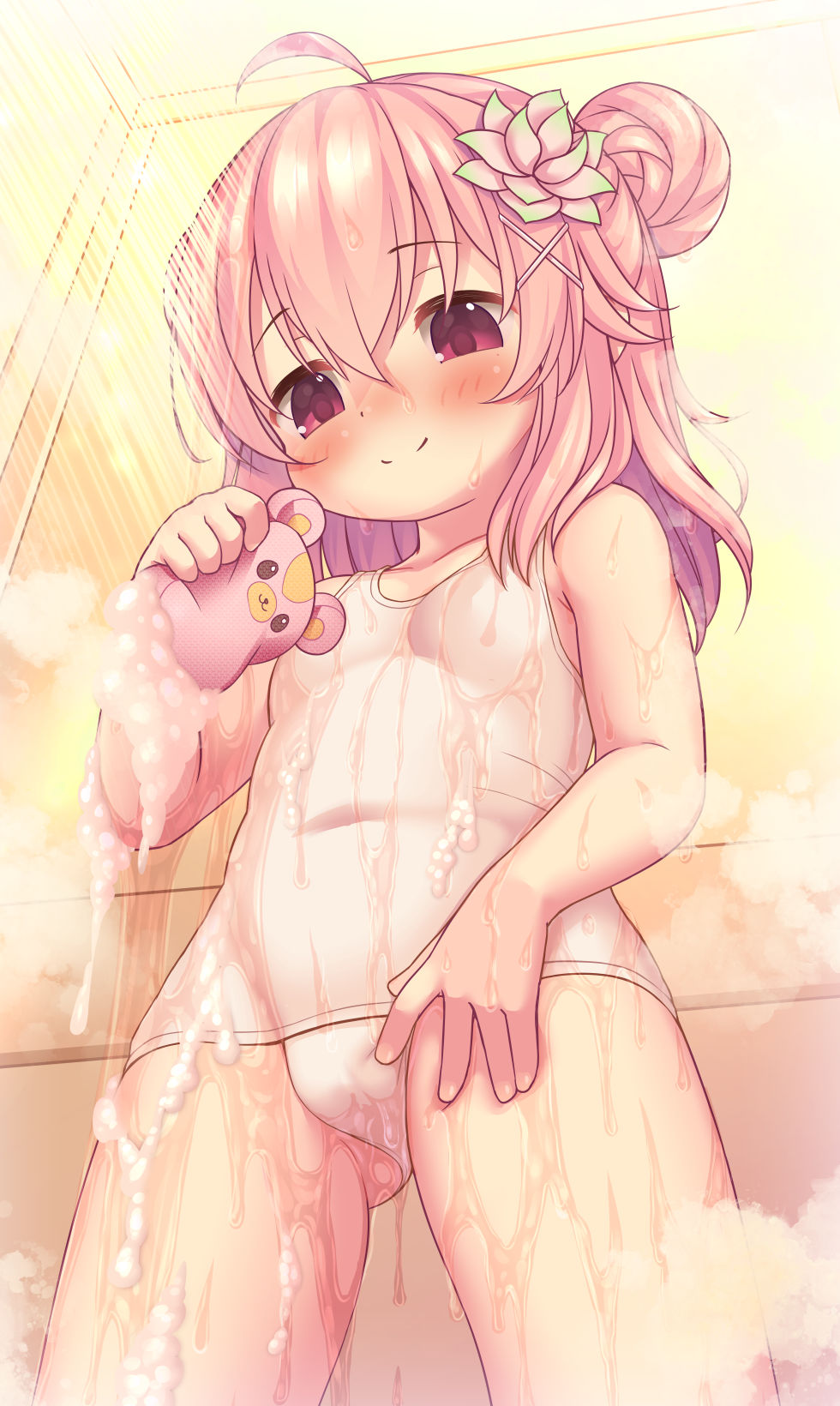 1girl, ahoge, bathroom, blush, breasts, covered_navel, curcuma_(flower_knight_girl), double_bun, female_focus, flower, flower_knight_girl, hair_bun, hair_flower, hair_ornament, hairclip, hand_on_own_thigh, highres, kupuru_(hirumamiyuu), loli, long_hair, one-piece_swimsuit, pink_eyes, pink_hair, school_swimsuit, showering, small_breasts, smile, soap, soap_bubbles, solo, sponge, swimsuit, thighs, tile_wall, tiles, water, wet, wet_clothes, wet_swimsuit, white_one-piece_swimsuit