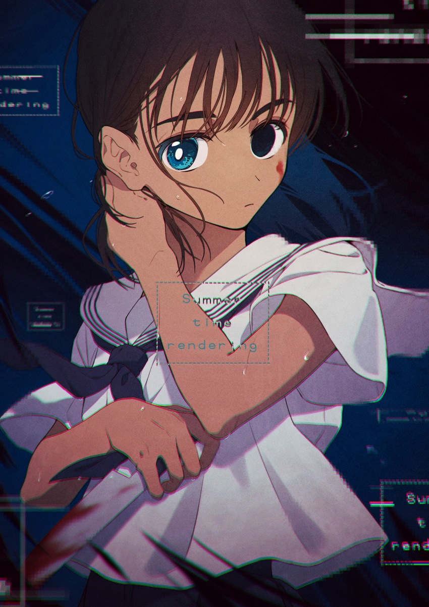 1girl, absurdres, black_background, black_eyes, blood, blood_on_face, bloody_knife, blue_eyes