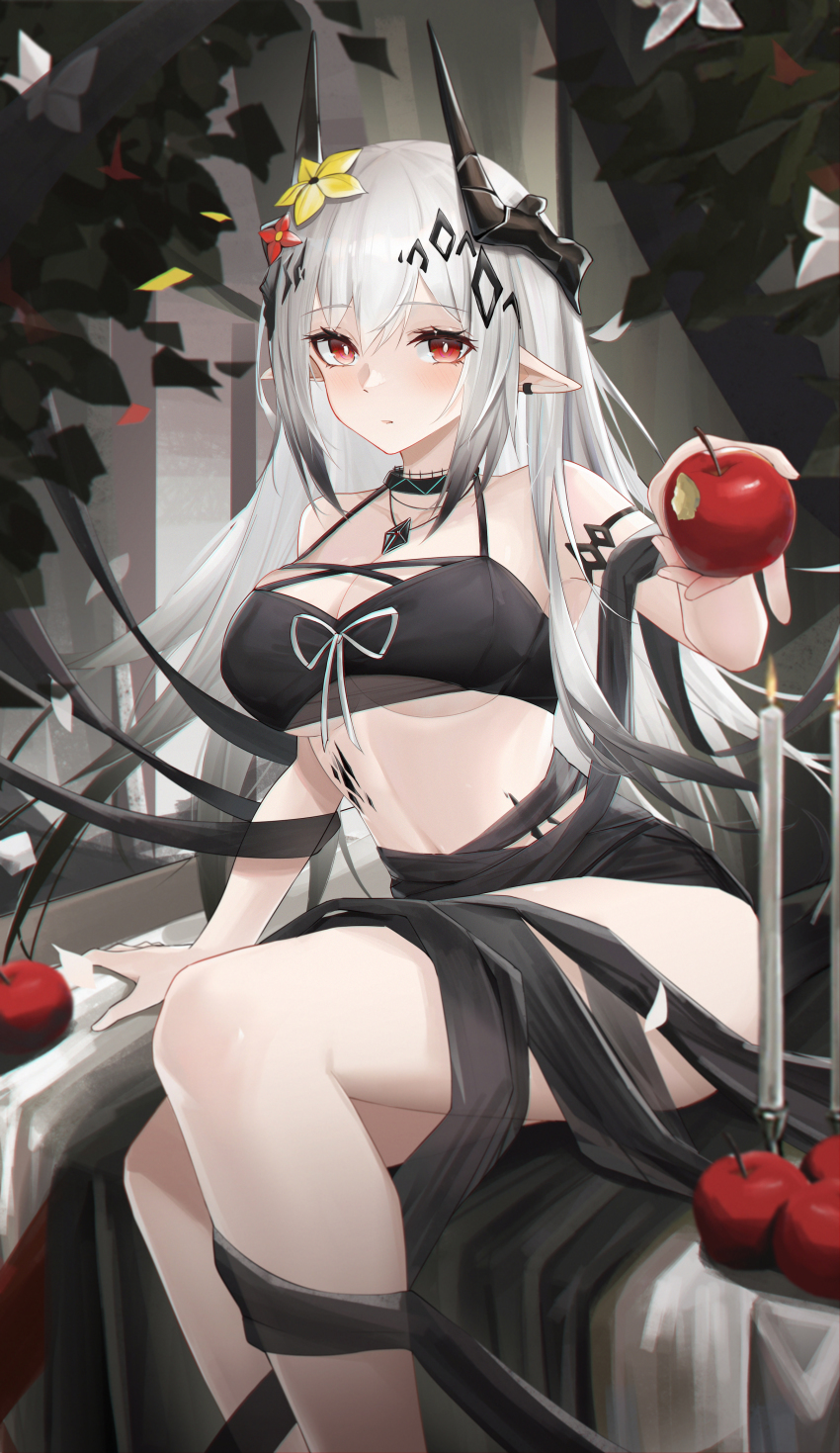 1girl, absurdres, apple, arknights, bai_shiro@, bikini, bitten_apple, black_bikini