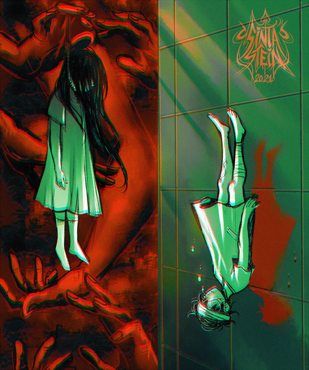 1boy, 1girl, 2021, artist_logo, artist_name, bandaged_head, bandages, black_hair, chromatic_aberration, dress, eyepatch, falling, hanged, highres, logo, long_hair, mari_(omori), noose, omori, short_hair, sintastein, socks, spoilers, sunny_(hospital_gown)_(omori), sunny_(omori), upside-down, white_dress, white_socks