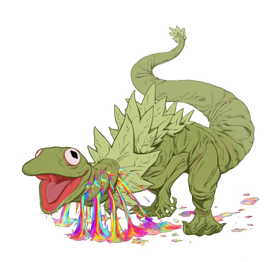 alternate_form, bleeding, blood, blue_blood, colored_blood, colorful, commentary, crossover, dan_dagouglas, dinosaur, full_body, fusion, giant, giant_monster, godzilla, godzilla_(series), godzilla_(shin), green_blood, highres, horror_(theme), kaiju, kermit_the_frog, multicolored_blood, muppets, no_humans, open_mouth, orange_blood, parody, pink_blood, purple_blood, rainbow_blood, shin_godzilla, standing, toho, tongue, white_blood, yellow_blood