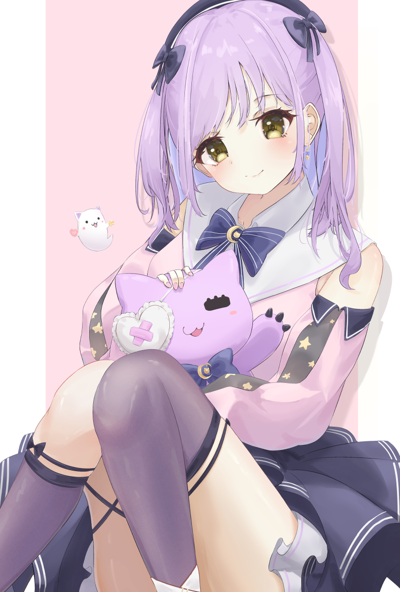 1girl, asymmetrical_legwear, black_hairband, black_skirt, blue_bow, blue_bowtie, blush, bow