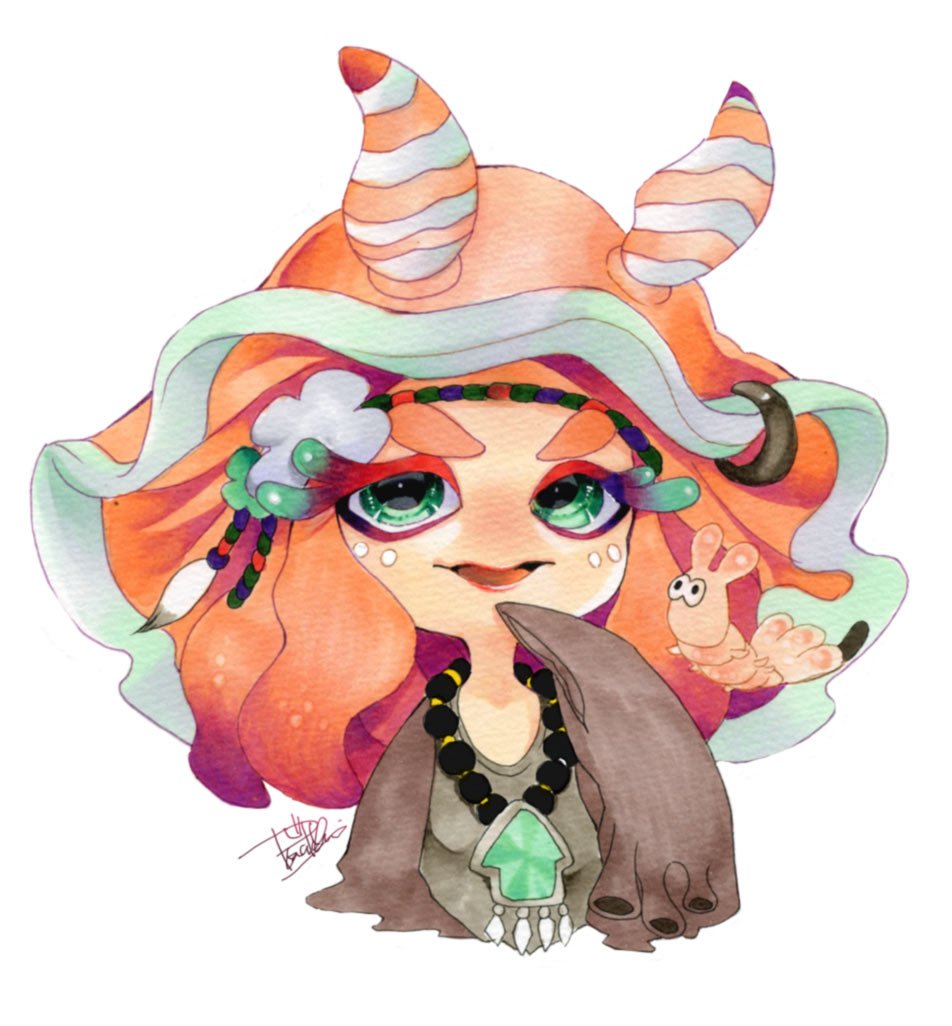 1girl, antennae, aqua_eyes, bead_necklace, beads, circlet, craymond_(splatoon), flow_(splatoon)