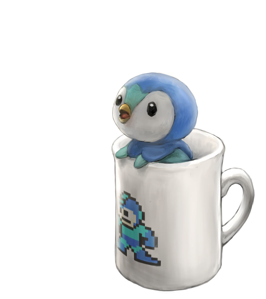 blue_theme, capcom, cup, gen_4_pokemon, hisakichi, in_container, mega_man_(character), mega_man_(classic), mega_man_(series), nintendo, no_humans, open_mouth, piplup, pokemon, pokemon_(creature), simple_background