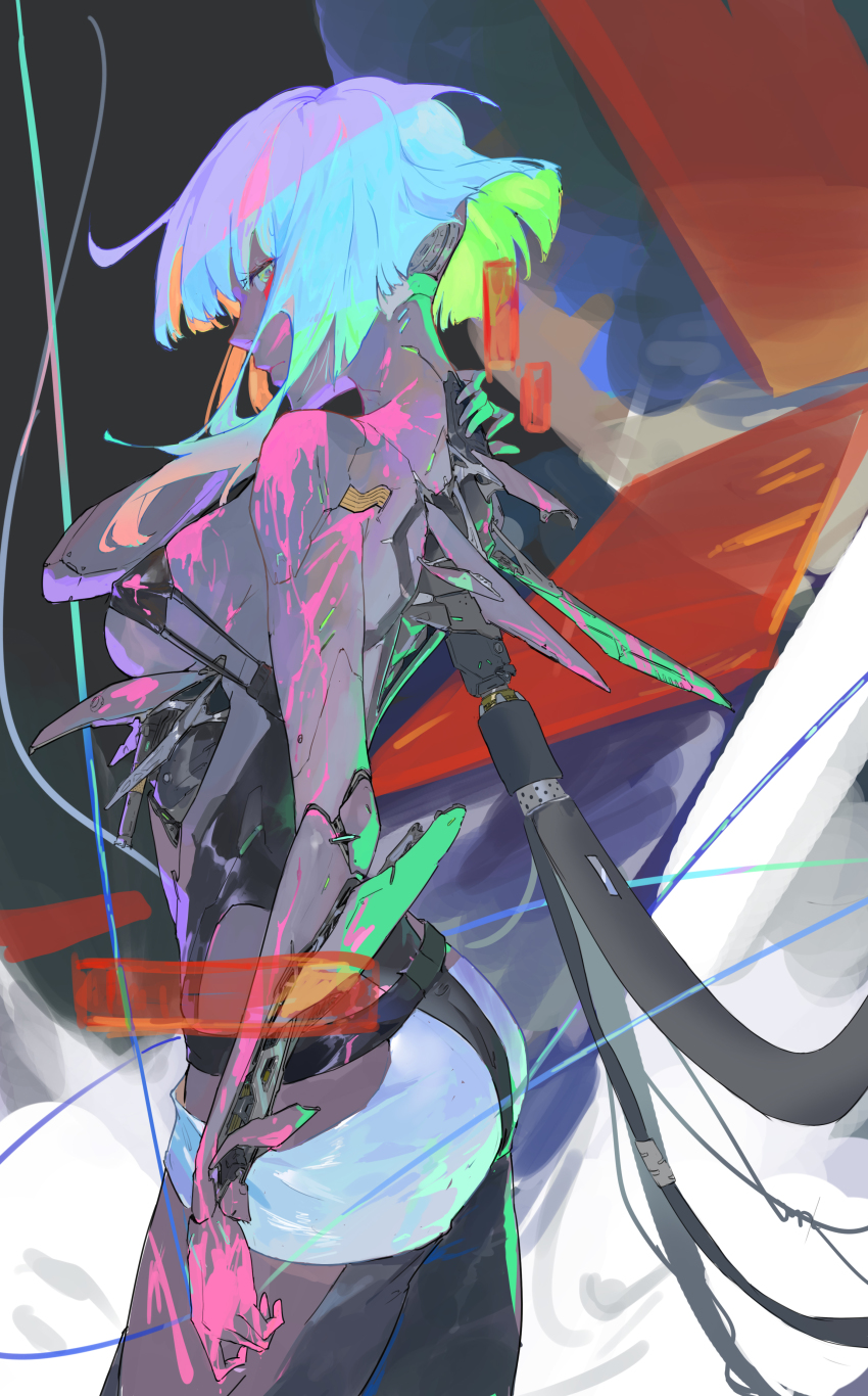 1girl, absurdres, ass, back, bare_shoulders, blue_eyes, breasts, covered_erect_nipples