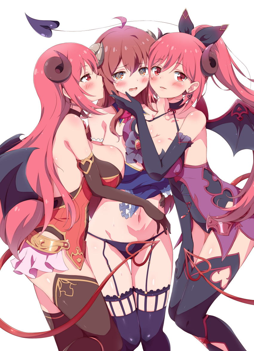3girls, @_@, absurdres, ahoge, arms_around_another's_waist, black_panties, blush, breast_press