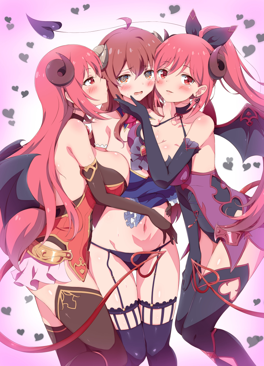 3girls, @_@, absurdres, ahoge, arms_around_another's_waist, black_panties, blush, breast_press, breasts, collarbone, commentary_request, commission, crisis_management_form_(machikado_mazoku), crossover, demon_girl, demon_horns, demon_tail, demon_wings, dress, ear_piercing, eggman_(ni_tamagoex), elbow_gloves, garter_straps, gloves, gradient_background, hair_ribbon, heart, highres, horns, io_(noire)_(princess_connect!), io_(princess_connect!), large_breasts, long_hair, looking_at_another, looking_at_viewer, machikado_mazoku, multiple_girls, multiple_persona, navel, panties, piercing, ponytail, princess_connect!, purple_dress, red_dress, red_eyes, red_hair, revealing_clothes, ribbon, skeb_commission, solo, stomach, tail, thighhighs, thighs, trait_connection, underwear, wavy_mouth, wings, yoshida_yuuko, yuri