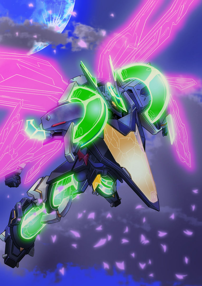 clenched_hands, cloud, energy_wings, flying, highres, looking_ahead, mecha, moon