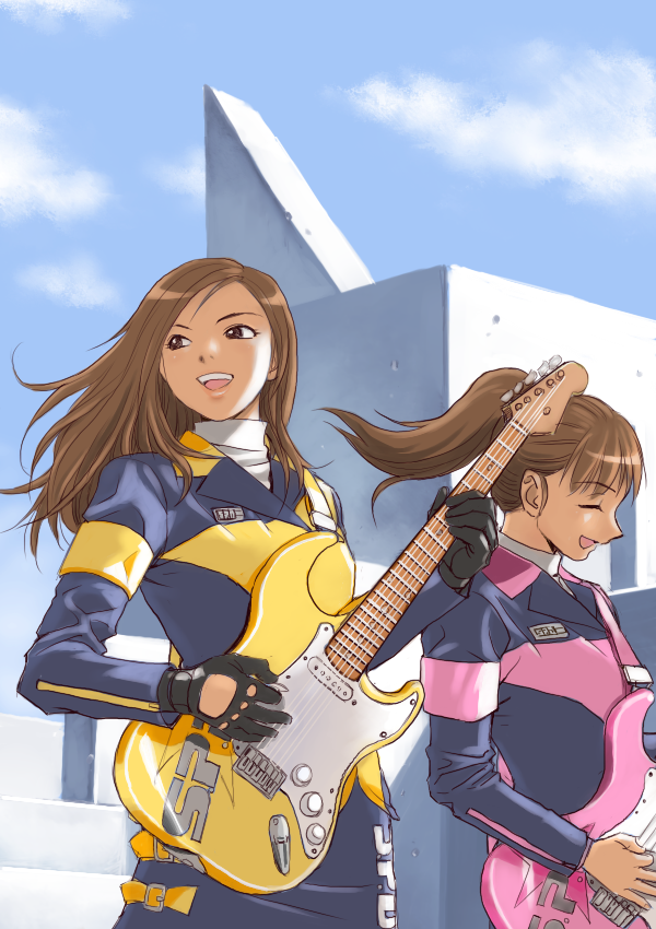 2girls, animification, brown_eyes, brown_hair, closed_eyes, clothes_writing, guitar, instrument