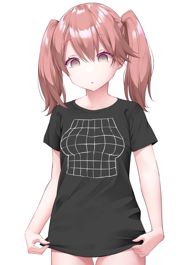 1girl, alternate_costume, black_shirt, black_skirt, brown_hair, clothes_grab, commentary_request, cropped_legs