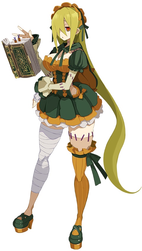 1girl, bandaged_leg, bandages, blonde_hair, book, breasts, capelet, cleavage