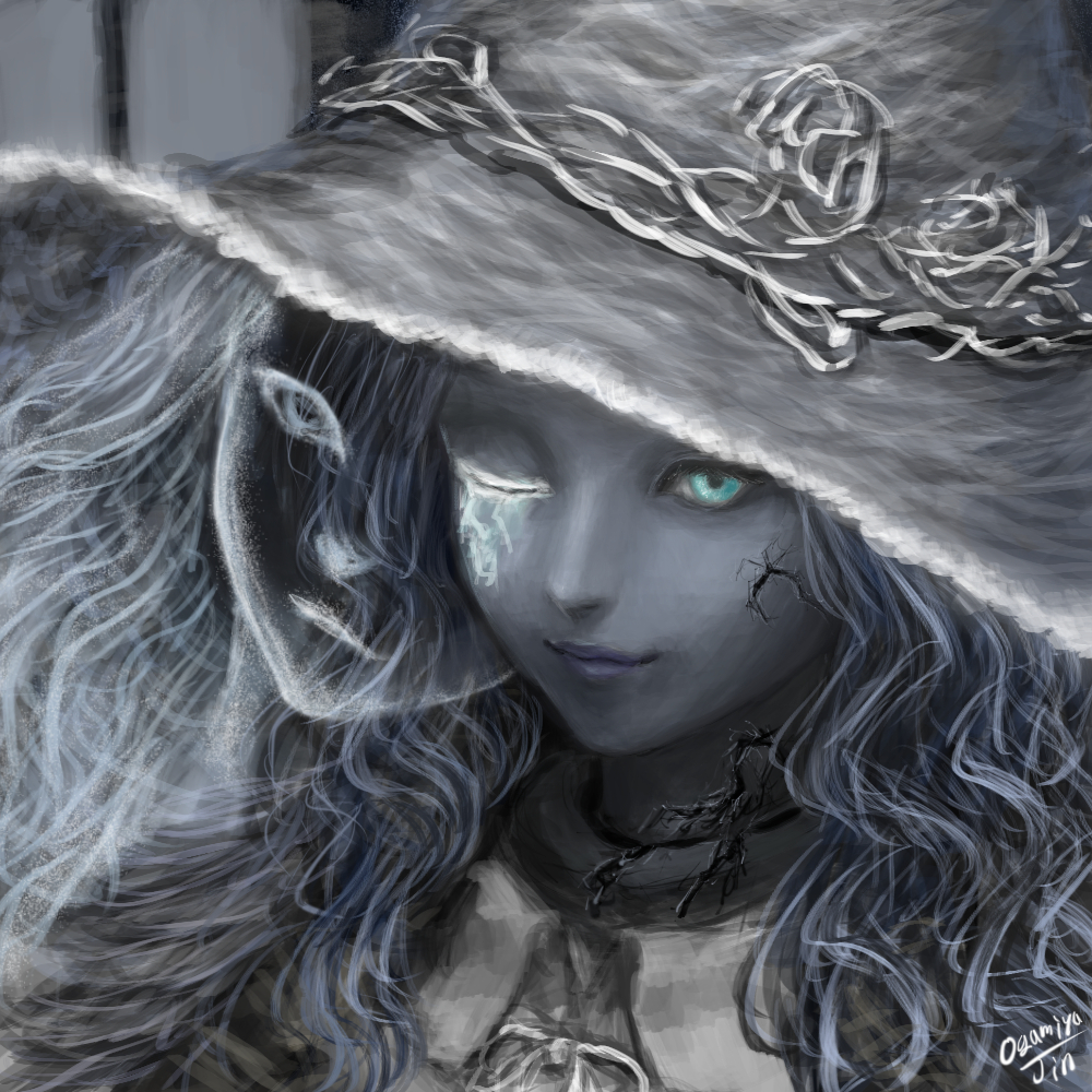 1girl, blue_eyes, blue_skin, cape, close-up, closed_mouth, colored_skin, cracked_skin, elden_ring, extra_faces, fur_cape, hat, hat_ornament, large_hat, looking_at_viewer, ogamiya_jin, one_eye_closed, portrait, ranni_the_witch, smile, solo, upper_body, witch, witch_hat