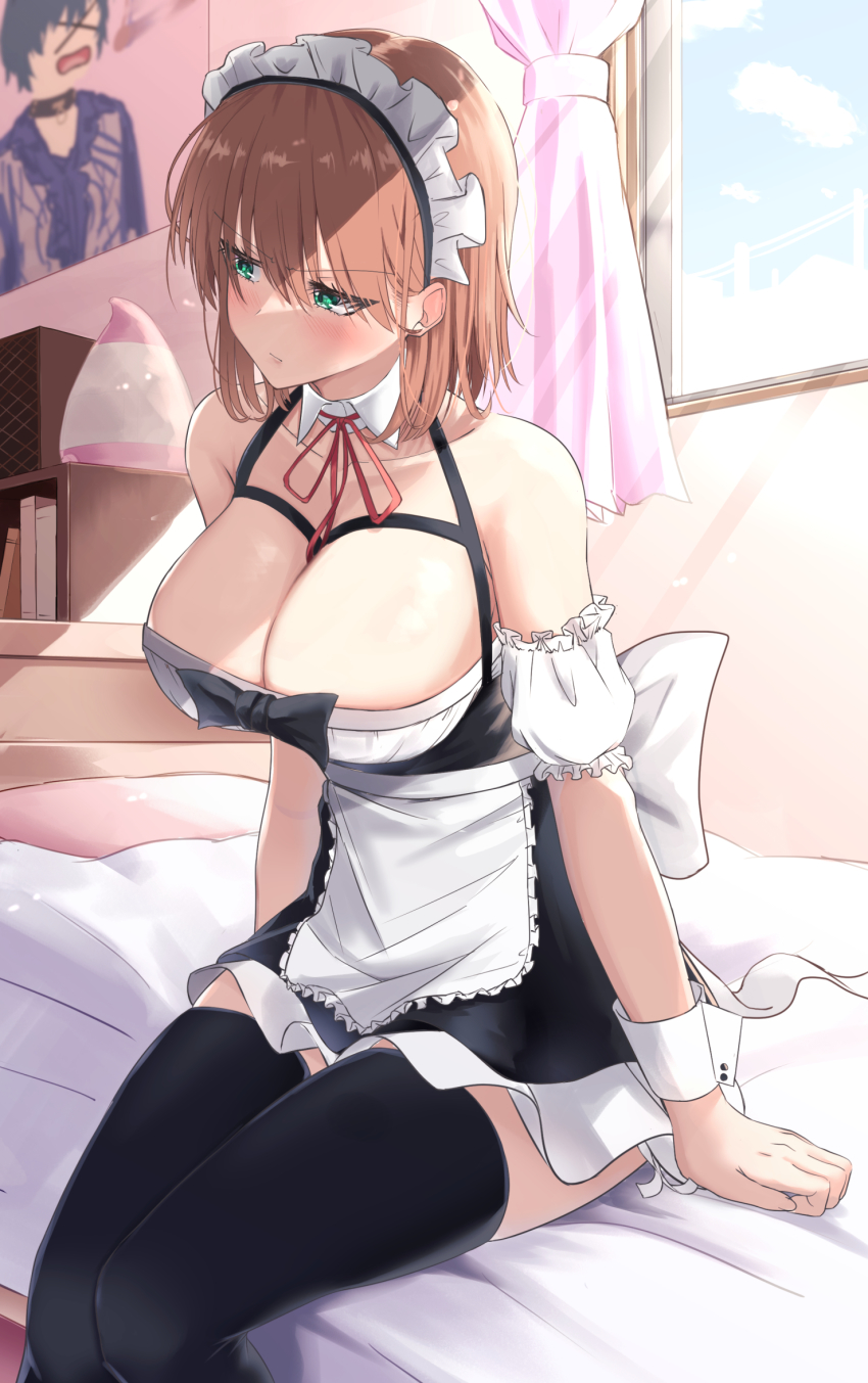 1girl, apron, black_dress, black_thighhighs, breasts, brown_hair, dress, frilled_apron