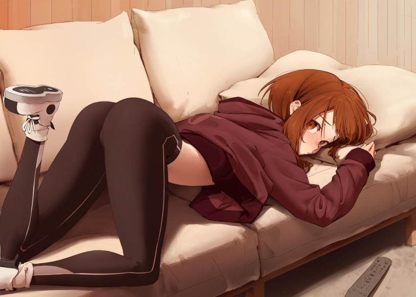 1girl, ass, black_pants, blush, boku_no_hero_academia, brown_eyes, brown_hair, brown_hoodie