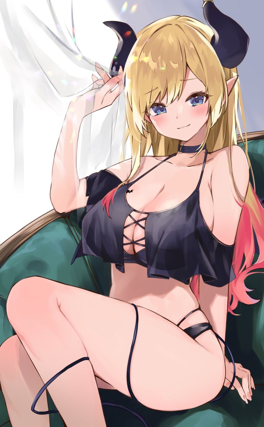 1girl, bare_shoulders, bikini, black_bikini, black_choker, black_horns, blonde_hair, blue_eyes, blush, breasts, choker, cleavage, curtains, demon_girl, demon_horns, frilled_bikini, frills, halterneck, highres, hololive, horns, indoors, large_breasts, long_hair, looking_at_viewer, multi-strapped_bikini_bottom, pointy_ears, shiro_hebi_rei, sitting, skindentation, smile, solo, sunlight, swimsuit, tail, tail_around_own_leg, tail_wrap, tattoo, virtual_youtuber, winged_heart, winged_heart_tattoo, yuzuki_choco