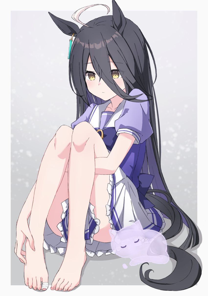 ahoge, animal_ears, bandaid, barefoot, black_hair, dress, ear_tag, hair_between_eyes, hair_strand, highres, horse_ears, horse_girl, horse_tail, legs, legs_together, long_bangs, long_hair, manhattan_cafe_(umamusume), musicccc, pleated_skirt, sidelocks, simple_background, sitting, skirt, tail, thighs, umamusume, yellow_eyes