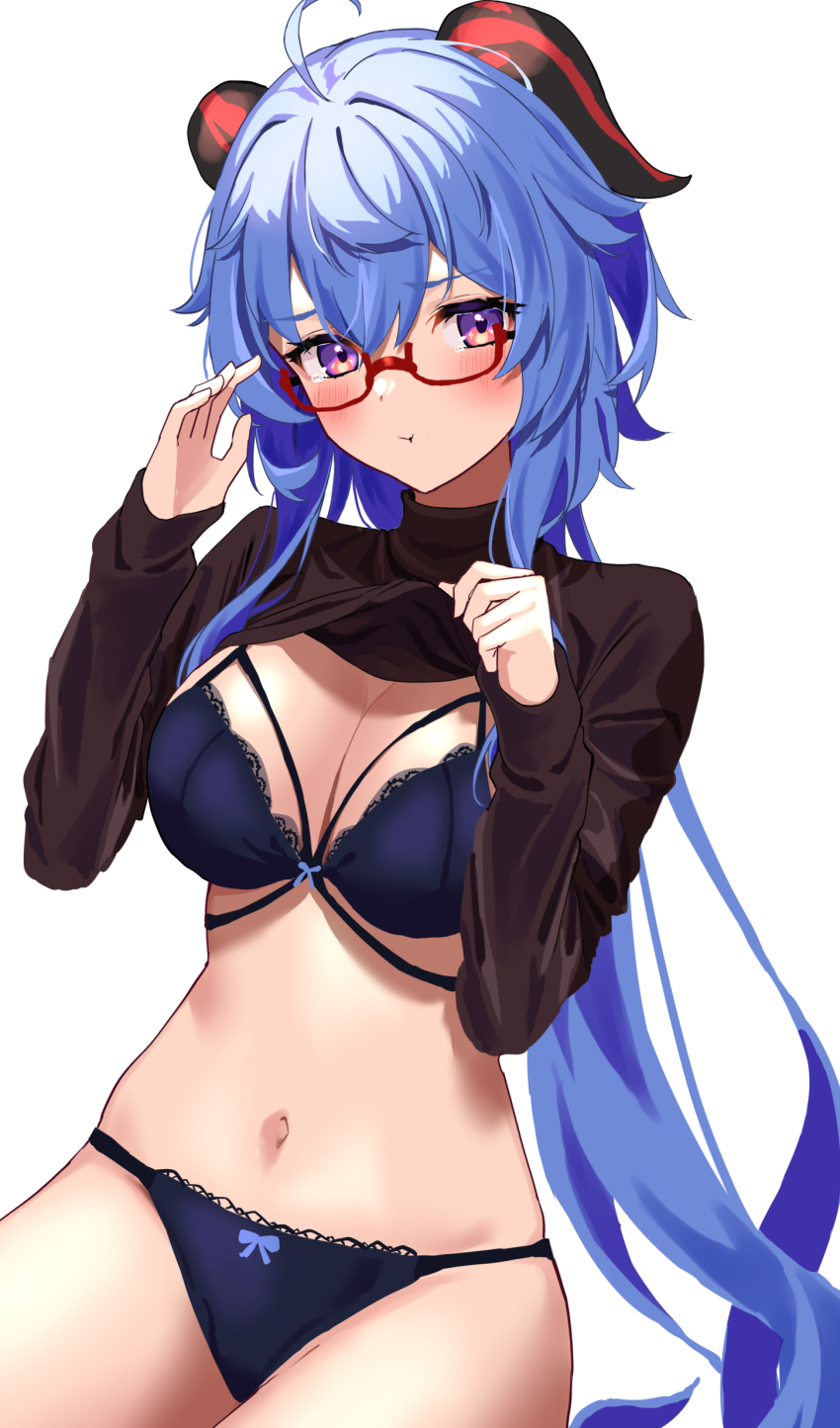 1girl, :t, absurdres, bespectacled, blue_bra, blue_hair, blue_panties, bra, breasts, clothes_lift, ganyu_(china_merchants_bank)_(genshin_impact), ganyu_(genshin_impact), genshin_impact, glasses, highres, lifting_own_clothes, long_hair, medium_breasts, nao_(naoooo_a), navel, panties, pout, purple_eyes, simple_background, solo, stomach, sweater, sweater_lift, turtleneck, turtleneck_sweater, underwear, very_long_hair, white_background