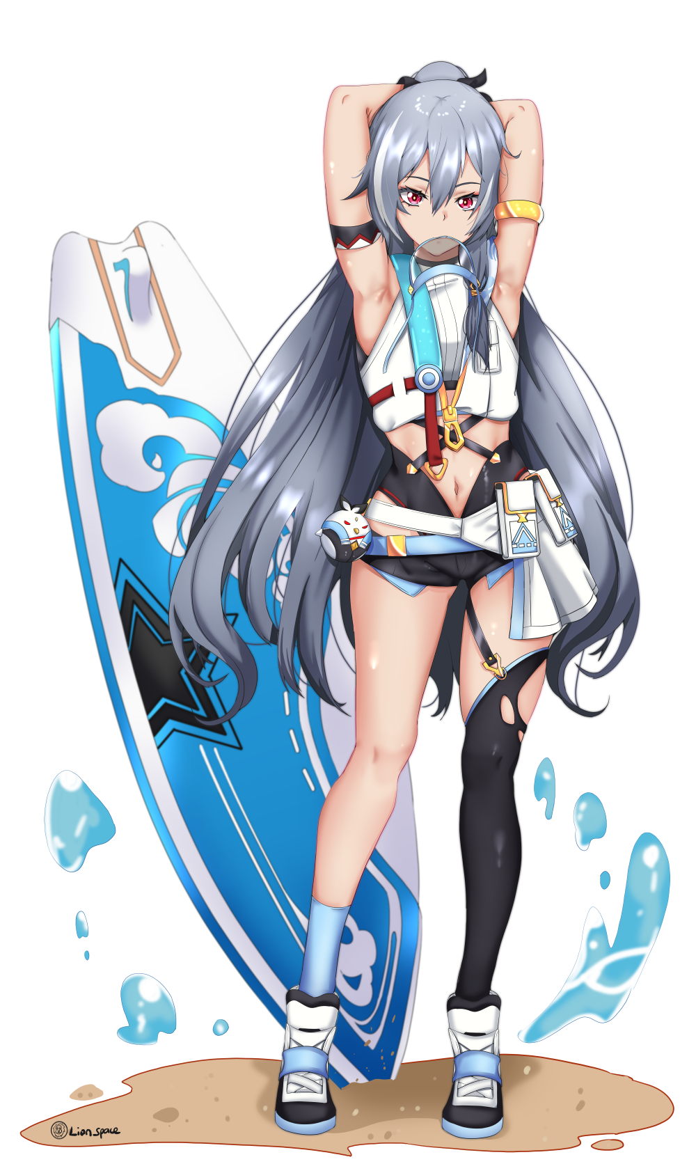 1girl, armpits, arms_behind_head, artist_name, asymmetrical_legwear, black_hair, black_shorts, black_thighhighs