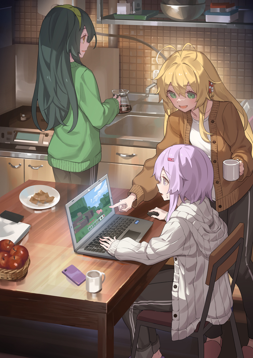 3girls, a.i._voice, antenna_hair, apple, basket, beads, blonde_hair, brown_cardigan