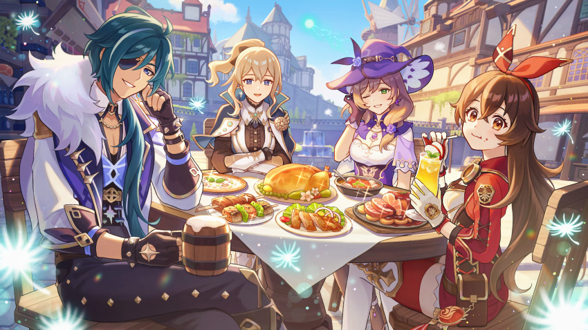 1boy, 3girls, amber_(100%_outrider)_(genshin_impact), amber_(genshin_impact), beer_mug, black_gloves, blonde_hair, blue_capelet