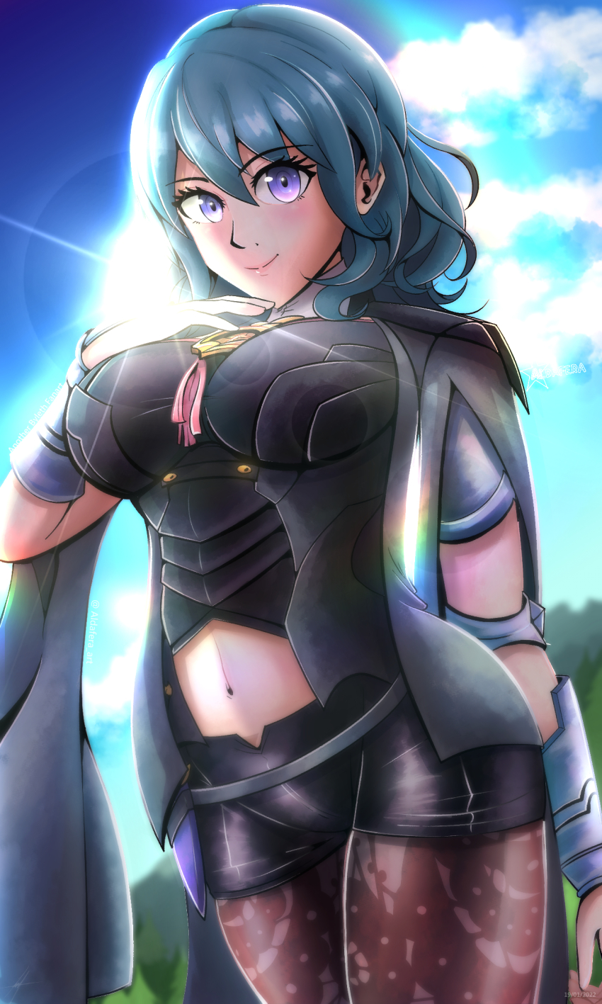 1girl, aldafera_art, armlet, armor, blue_eyes, blue_hair, bodice, breasts