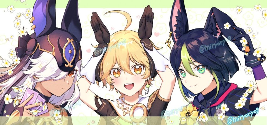 3boys, :d, aether_(genshin_impact), ahoge, animal_ear_fluff, animal_ears, animal_hood, asymmetrical_sleeves