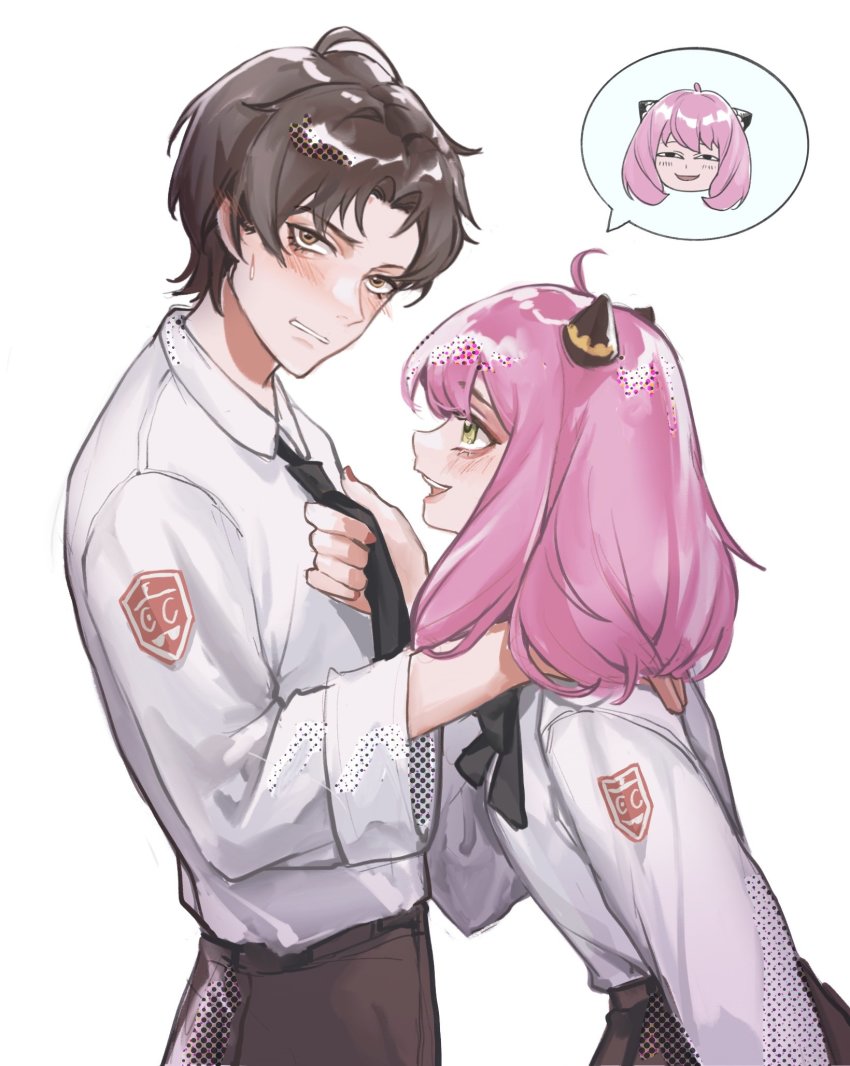 1boy, 1girl, aged_up, ahoge, anya's_heh_face_(meme), anya_(spy_x_family), black_hair, black_necktie