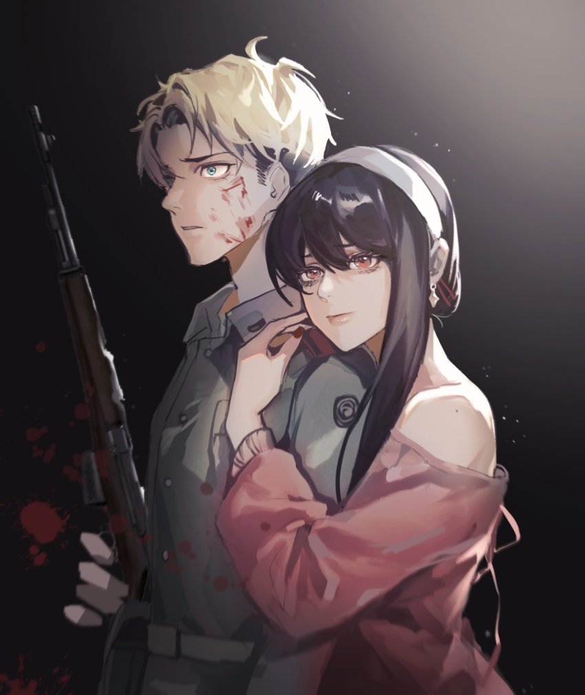 1boy, 1girl, ahoge, bare_shoulders, black_hair, blonde_hair, blood, blood_on_face