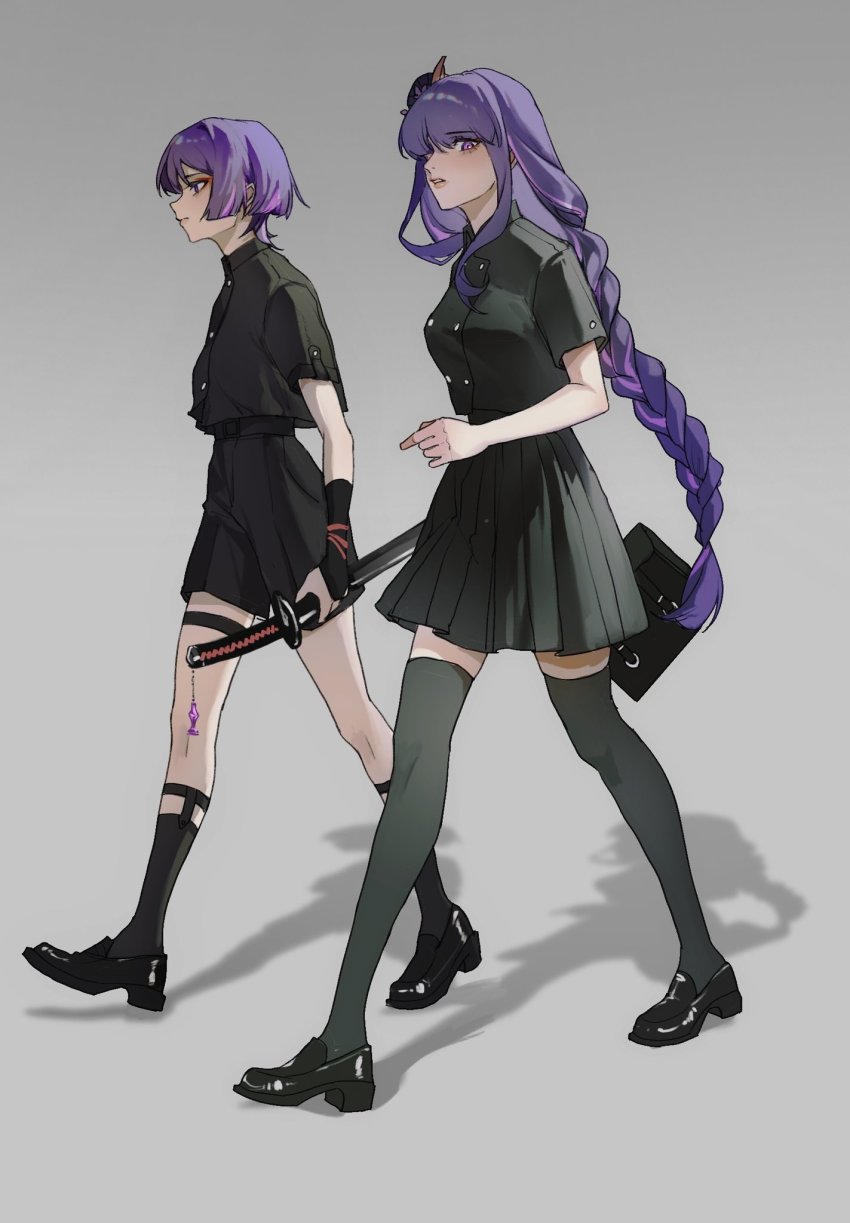 1boy, 1girl, bag, black_footwear, black_shirt, black_skirt, black_thighhighs, blunt_bangs