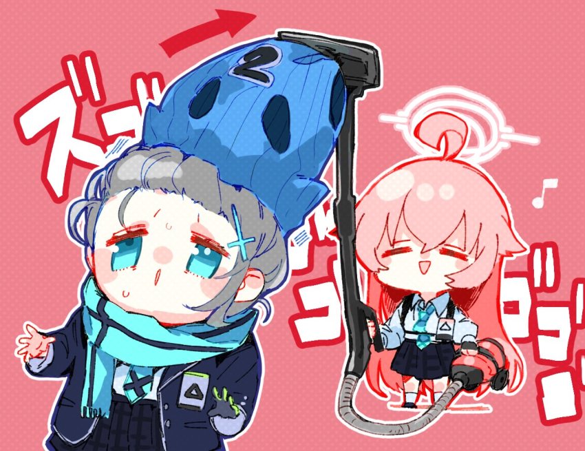 2girls, blue_archive, chibi, hoshino_(blue_archive), japanese_text, mask, multiple_girls, pink_background