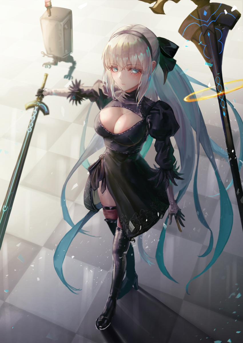 1girl, 2b_(nier:automata), 2b_(nier:automata)_(cosplay), absurdres, black_bow, black_hairband, blue_eyes, boots, bow, braid, camellia_(s_kamellia), cleavage_cutout, clothing_cutout, cosplay, dress, fate/grand_order, fate_(series), feather-trimmed_sleeves, hairband, high_heel_boots, high_heels, highres, ishikawa_yui, juliet_sleeves, long_sleeves, morgan_le_fay_(fate), nier:automata, nier_(series), no_blindfold, ponytail, puffy_sleeves, solo, sword, thigh_boots, thighhighs, thighhighs_under_boots, two-sided_dress, two-sided_fabric, voice_actor_connection, weapon