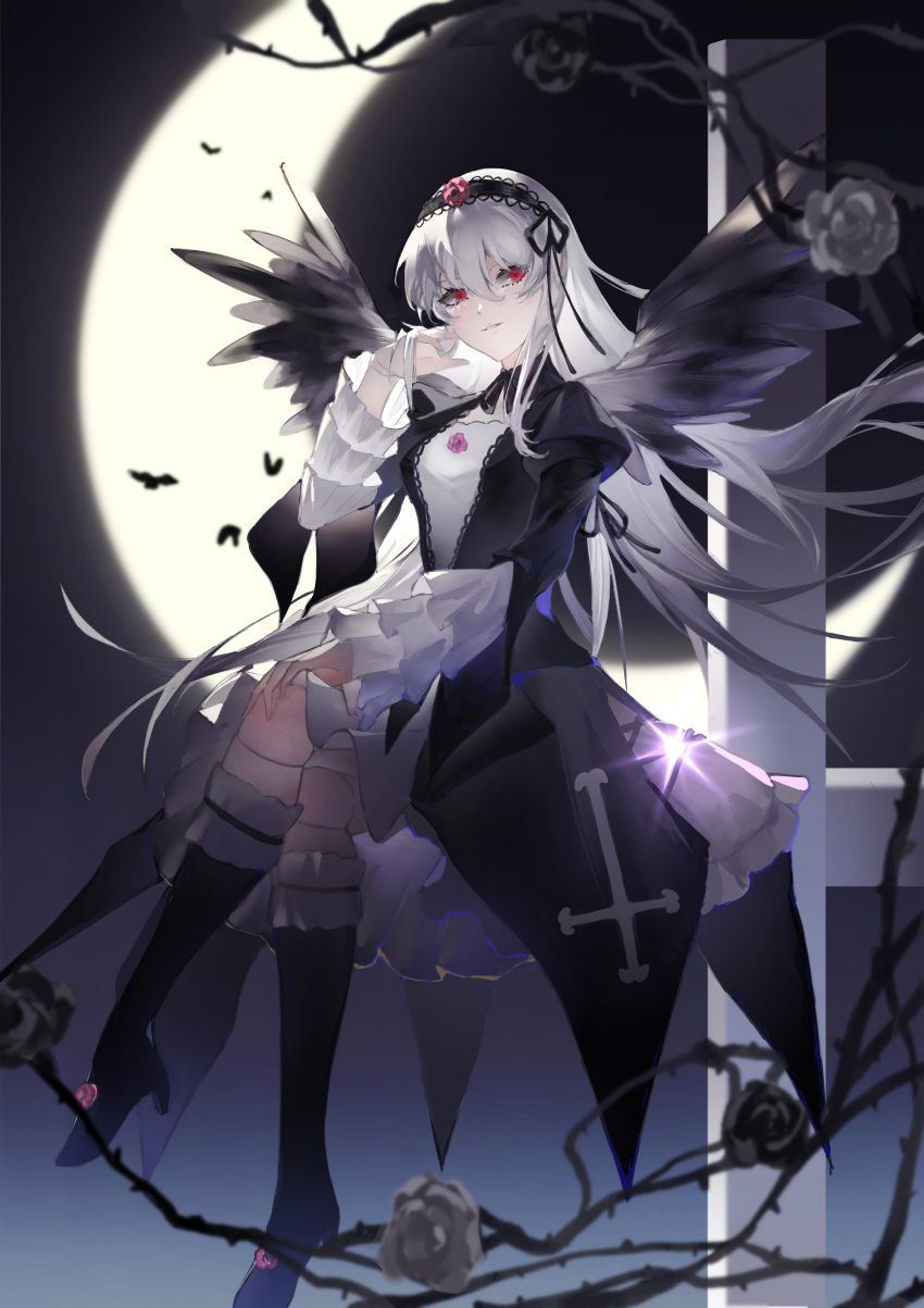 1girl, absurdres, black_wings, boots, doll_joints, dress, feathered_wings, frills, full_body, gothic_lolita, hairband, highres, joints, lolita_fashion, lolita_hairband, long_hair, long_sleeves, looking_at_viewer, onlly, red_eyes, rozen_maiden, suigintou, white_hair, wings