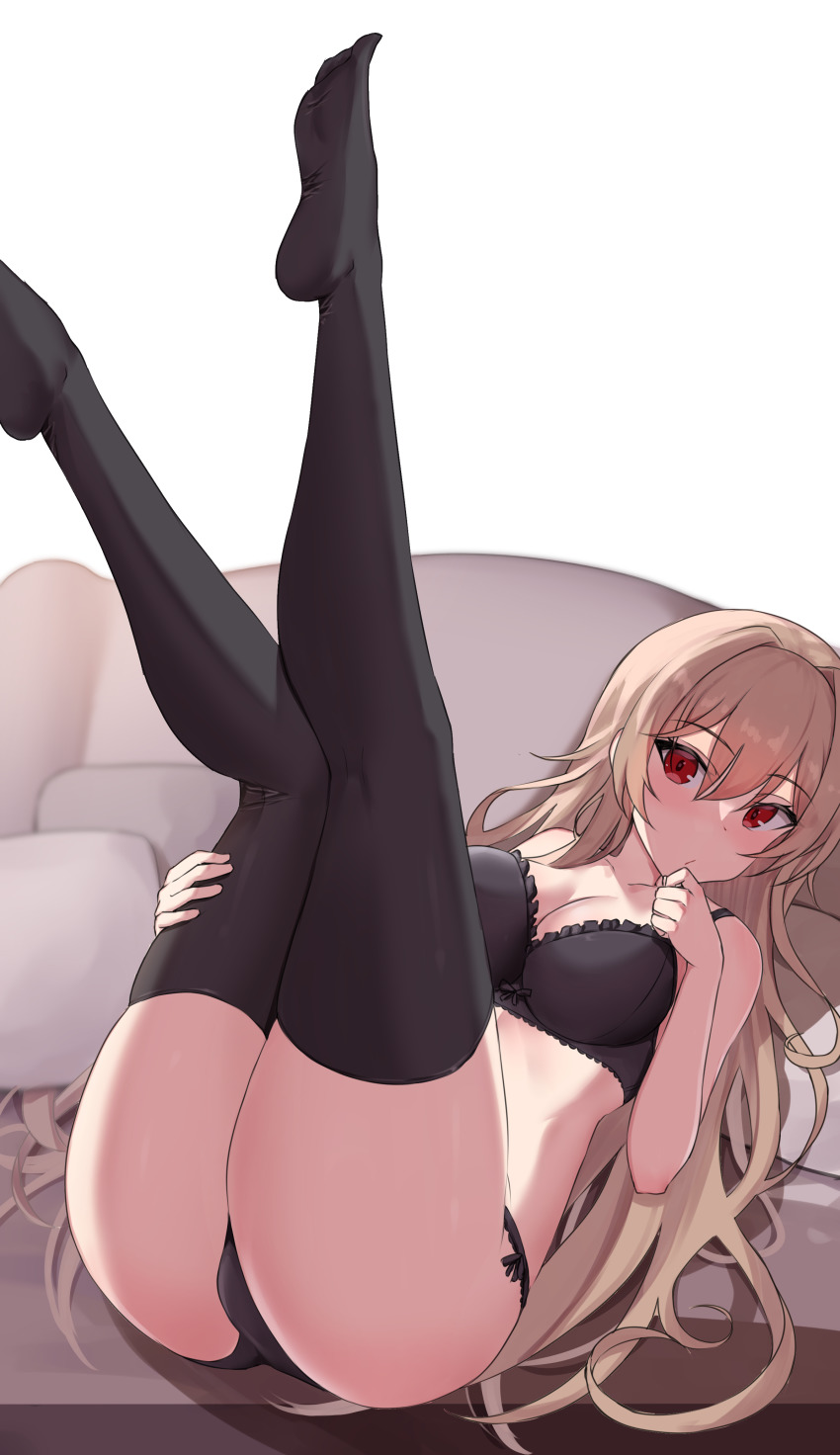 1girl, absurdres, ass, bare_arms, bare_shoulders, black_bra, black_panties, black_thighhighs