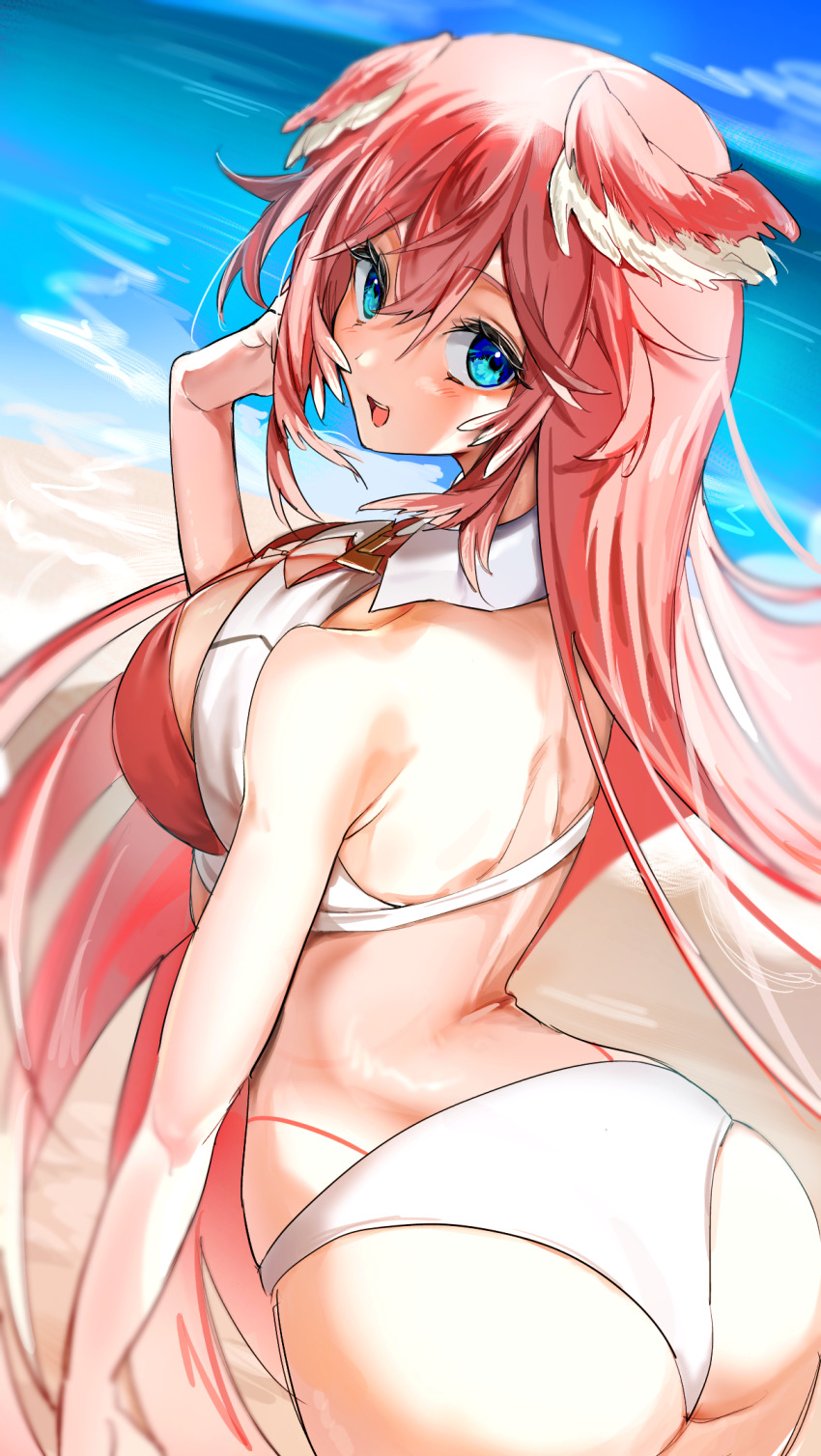 1girl, a0z0_aozo, alternate_hair_length, alternate_hairstyle, arched_back, ass, bare_shoulders, beach
