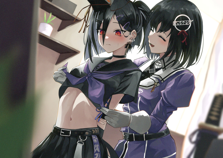 2girls, absurdres, arisugawa_bii, azur_lane, belt, black_belt, black_choker, black_hair, black_shirt, black_skirt, blush, bob_cut, breasts, choker, closed_eyes, closed_mouth, commentary_request, commission, cowboy_shot, crop_top, crossover, ear_piercing, elbow_gloves, gloves, haguro_(azur_lane), haguro_(kancolle), haguro_kai_ni_(kancolle), hair_between_eyes, hair_ornament, hairclip, highres, historical_name_connection, indoors, jacket, kantai_collection, long_hair, long_sleeves, mask, midriff, military, military_uniform, multiple_girls, name_connection, navel, neckerchief, open_mouth, piercing, plant, pleated_skirt, potted_plant, puffy_long_sleeves, puffy_sleeves, purple_jacket, purple_neckerchief, red_eyes, school_uniform, serafuku, shirt, short_hair, short_sleeves, short_sword, side_ponytail, sidelocks, skeb_commission, skirt, small_breasts, smile, standing, sweat, sword, tantou, tengu_mask, weapon, white_gloves