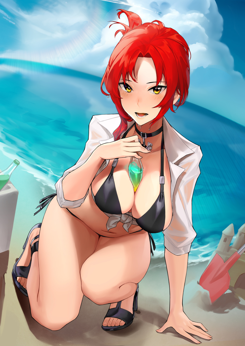 1girl, absurdres, beach, between_breasts, bikini, black_choker, blue_sky, bottle