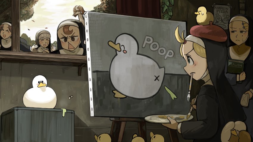 5girls, :d, ^_^, animal, animal_on_head, anus, art_brush, baby_animal