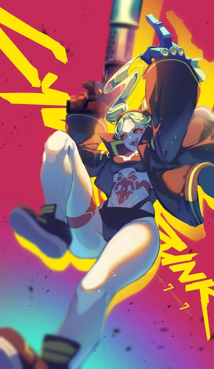 1girl, artificial_eye, black_bra, black_jacket, black_panties, black_shoes, bra, breasts