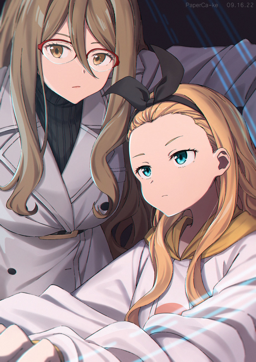 2girls, aqua_eyes, artist_name, averting_eyes, belt_buckle, black_bow, black_sweater, blonde_hair