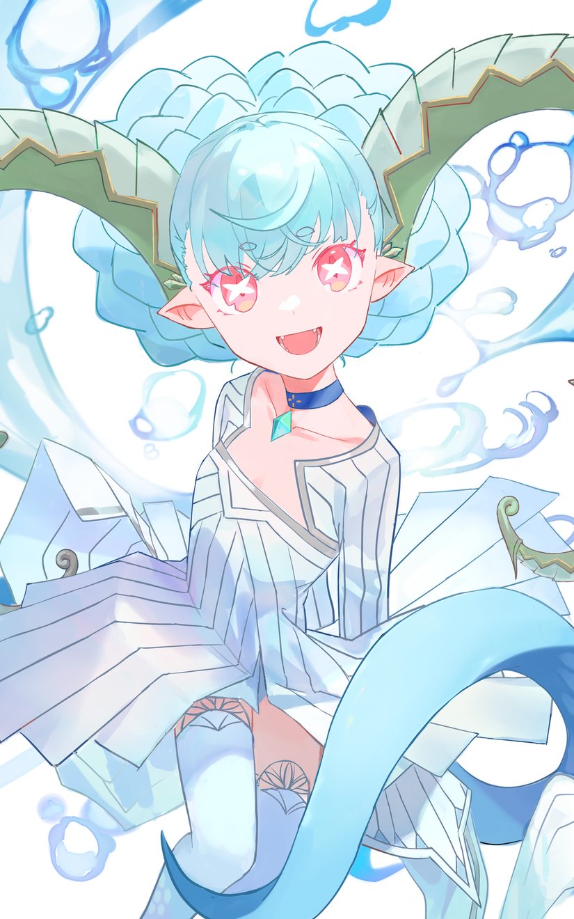 1girl, aqua_hair, braid, crown_braid, curled_horns, dress, fate/grand_order, fate/grand_order_arcade