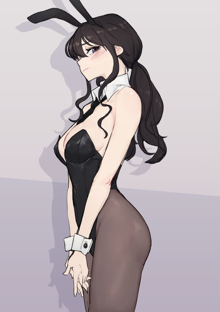 1girl, alternate_hairstyle, animal_ears, bare_shoulders, between_breasts, black_hair, black_hairband, black_leotard