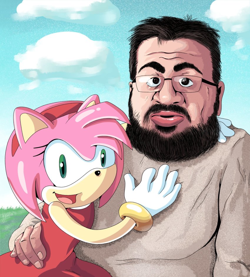 1boy, 1girl, age_difference, amy_rose, animal_ears, animal_nose, arm_around_another's_waist, arm_around_neck, arm_up, armenian_commentary, bare_shoulders, beard, black_eyes, black_hair, blue_sky, cloud, cory_beck, day, dress, facial_hair, flat_chest, forehead, furry, furry_female, furry_with_non-furry, glasses, gloves, green_eyes, grey_shirt, hairband, hand_on_another's_chest, hand_on_another's_waist, hand_up, happy, hetero, highres, interspecies, lips, long_sleeves, looking_at_viewer, mustache, oneyplays, open_mouth, outdoors, photo-referenced, pink_hair, red_hairband, sandbaganimator, shirt, short_hair, sidelocks, sideways_mouth, sky, sleeveless, sleeveless_dress, smile, sonic_(series), upper_body, what, white_gloves, wrinkled_skin